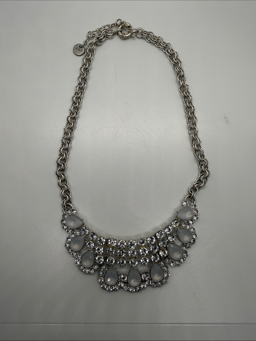 Abercrombie & Fitch Statement Bib Necklace | Silver Tone Rhinestone & White Ston